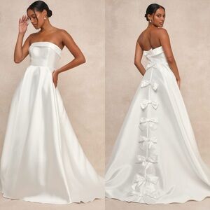 NWT Lulu’s Your Beloved Taffeta Bow Strapless A-Line Maxi Wedding Dress Small